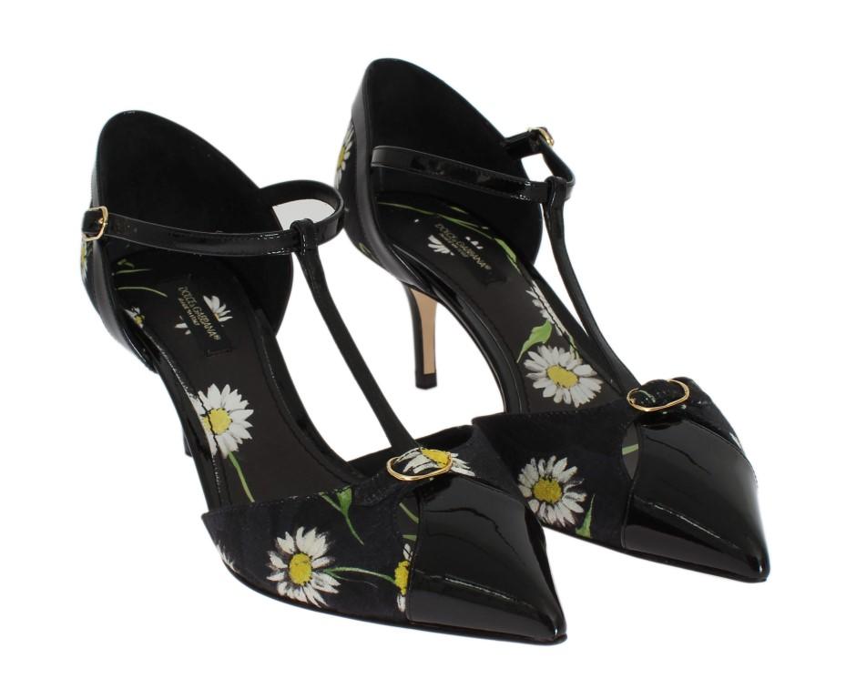 Black Leather Floral Brocade Pumps