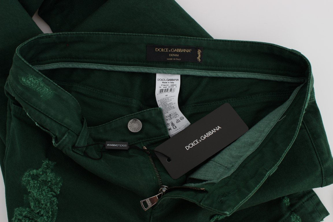 Green Torn Cotton Stretch Slim Fit Jeans