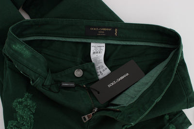 Green Torn Cotton Stretch Slim Fit Jeans