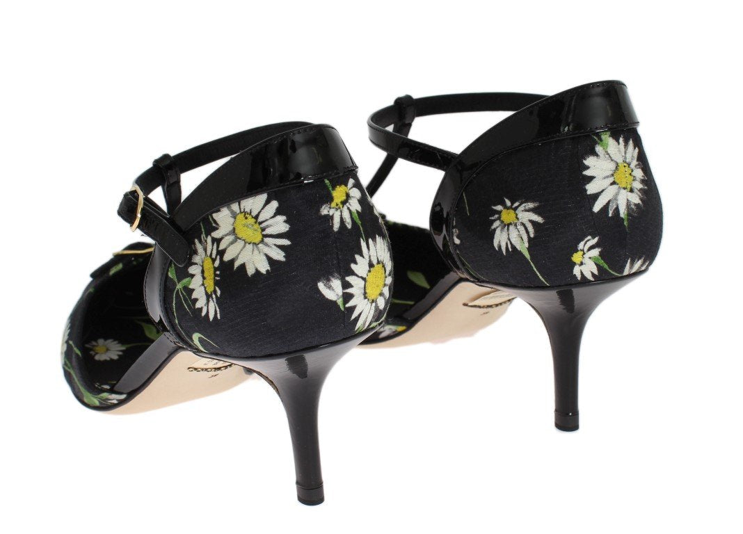 Black Leather Floral Brocade Pumps