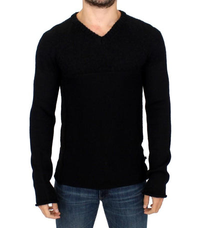Black knitted wool V-neck sweater