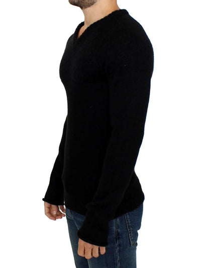 Black knitted wool V-neck sweater