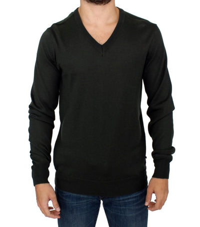 Green striped V-neck sweater