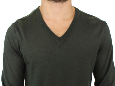 Green striped V-neck sweater