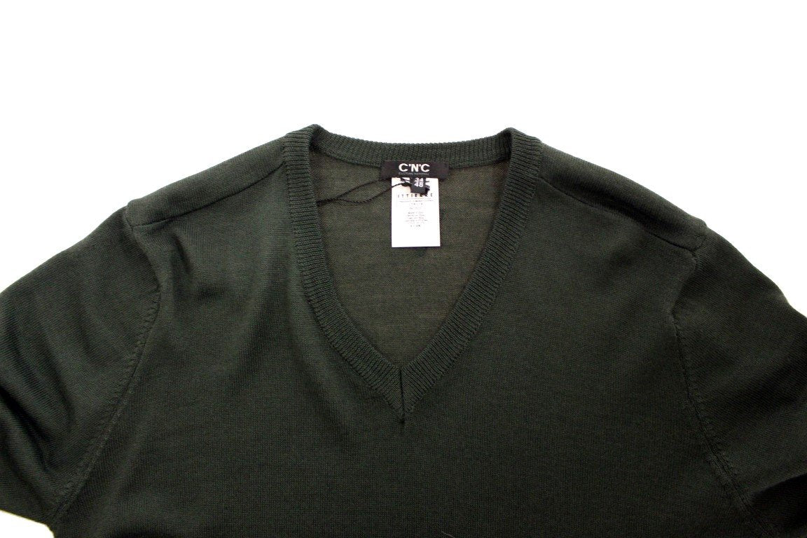 Green striped V-neck sweater