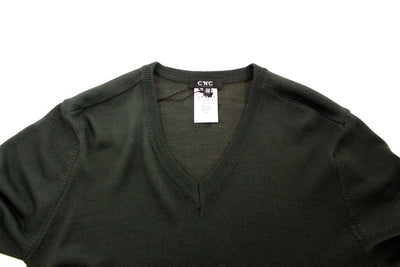 Green striped V-neck sweater