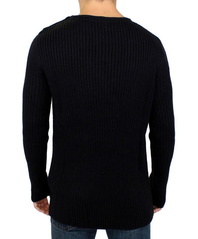 Black Knitted Wool Slim Fit Pullover Sweater