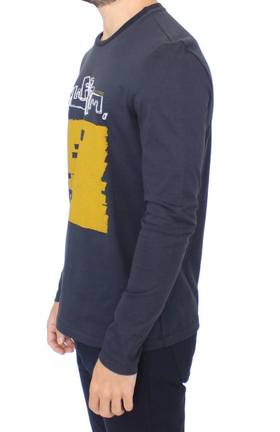 Blue Cotton Crewneck Print Pullover Sweater