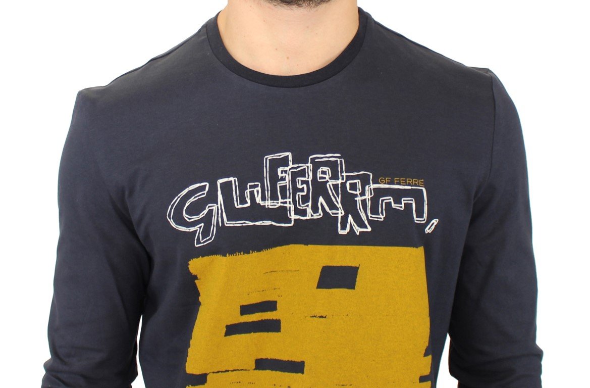 Blue Cotton Crewneck Print Pullover Sweater