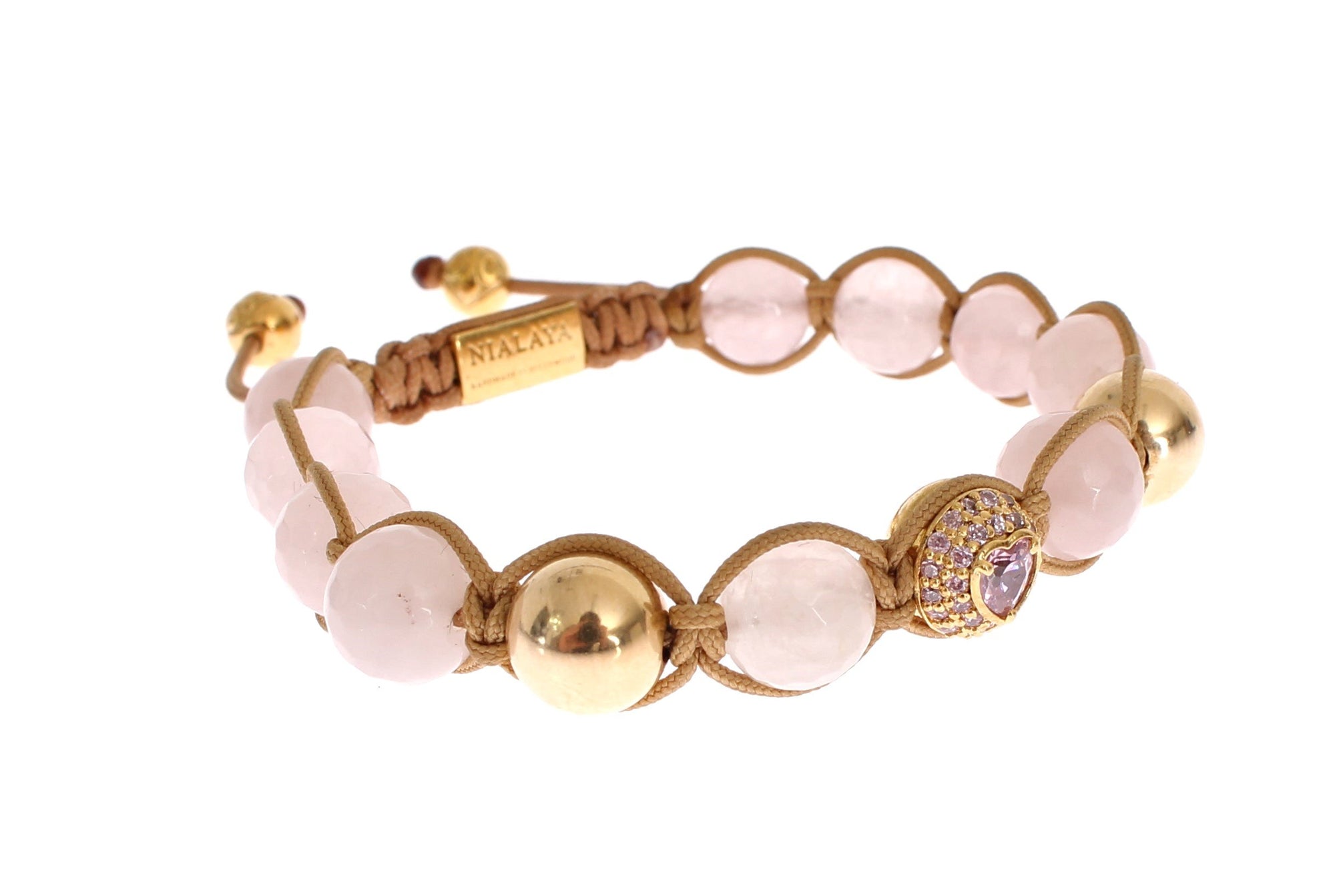 Rose Quartz CZ Heart Gold 925 Silver Bracelet