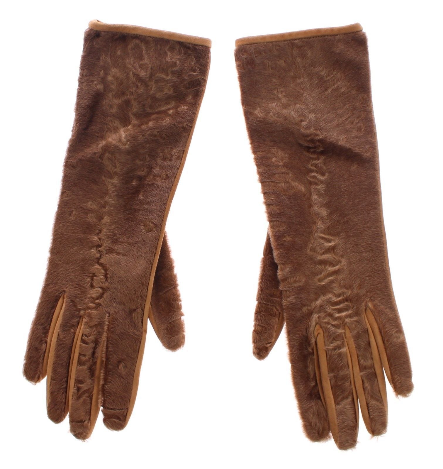 Beige Lambskin Fur Suede Wrist Gloves Silk