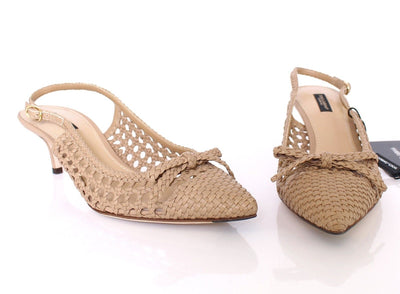 Beige Woven Leather Slingbacks Pumps Shoes