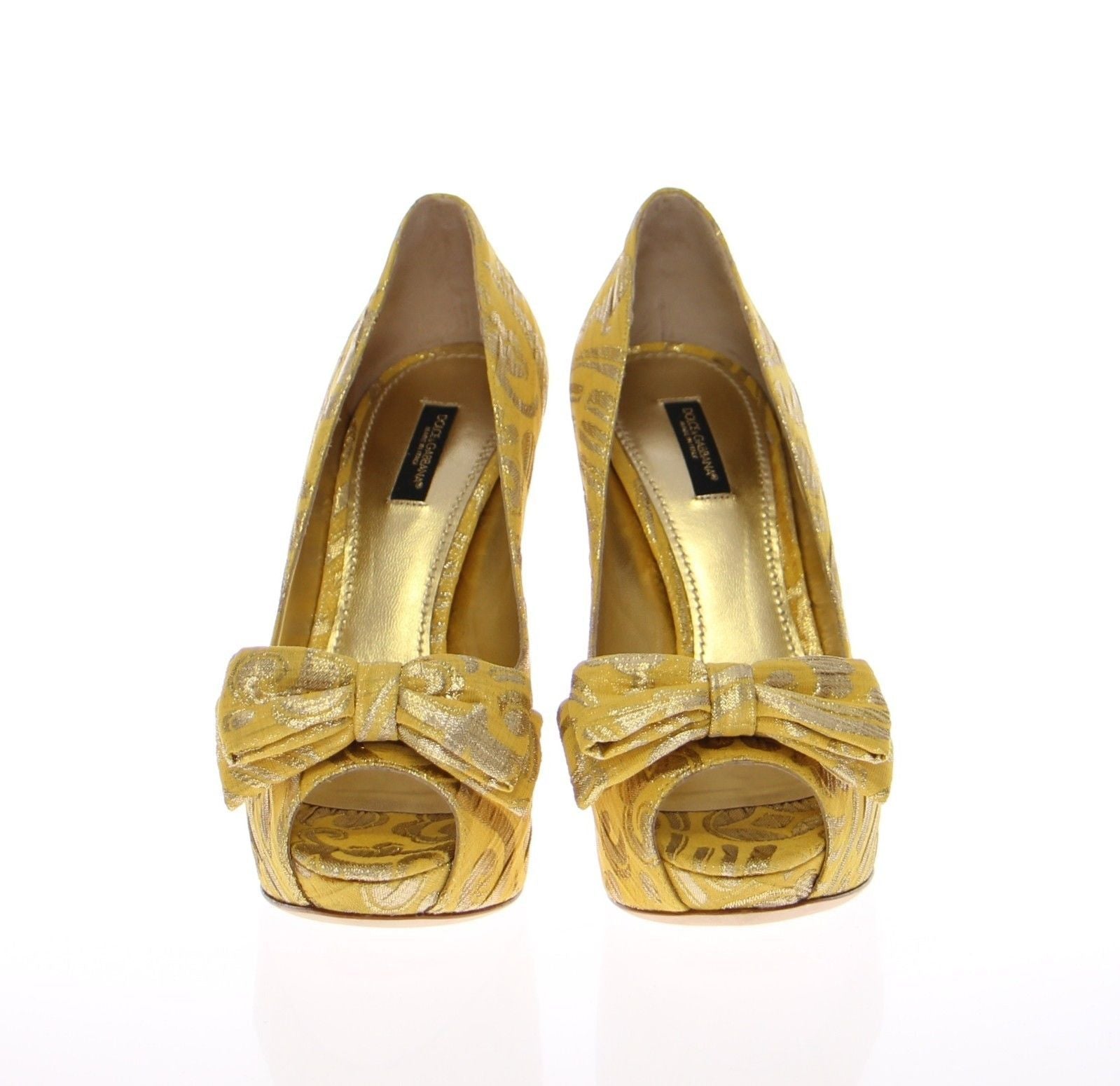 Yellow Silk Brocade Bow Platform Pumps Shoes