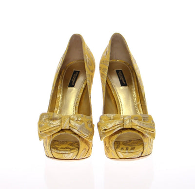 Yellow Silk Brocade Bow Platform Pumps Shoes