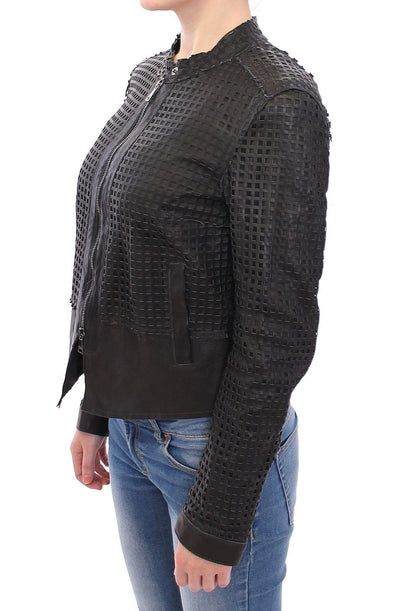 Black Perforated Leather Biker Jacket Coat