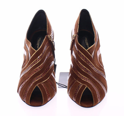 Brown Suede Snakeskin Open Toe Pumps Shoes
