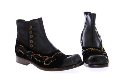 Black Leather Gold Baroque Boots Shoes