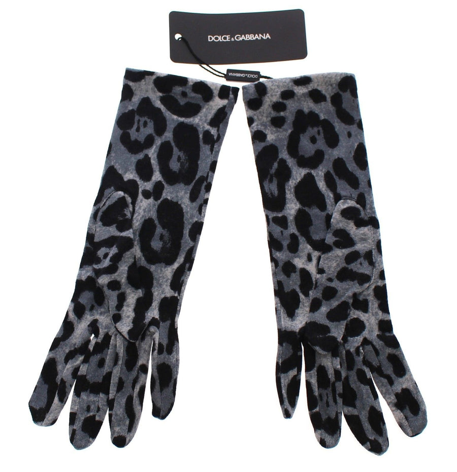 Blue Classic Leopard Print Long Wool Gloves