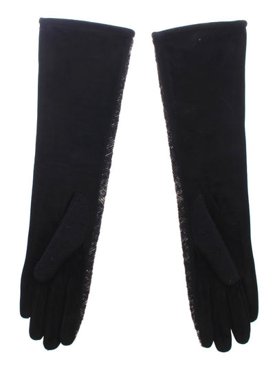 Black Lambskin Leather Wool Elbow Gloves Silk