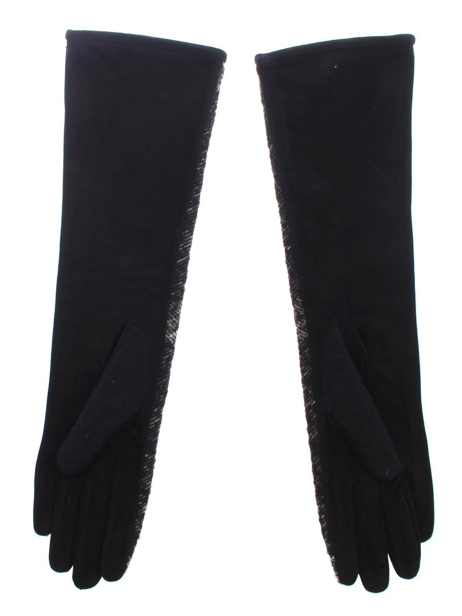 Black Lambskin Leather Wool Elbow Gloves Silk