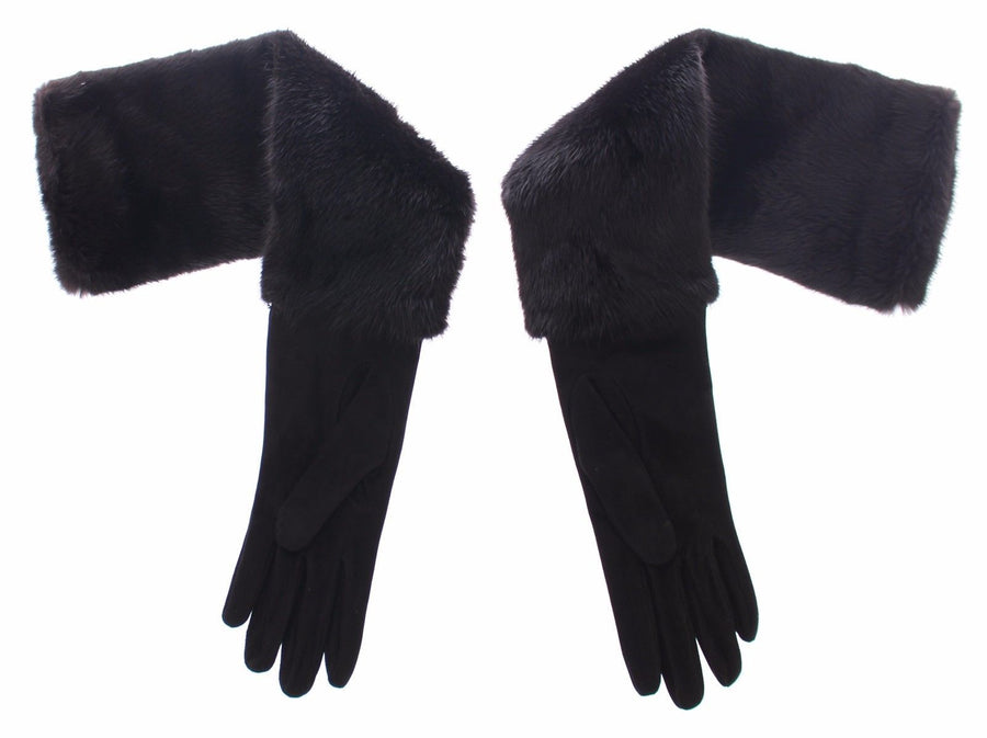 Black Mink Fur Lambskin Suede Leather Gloves
