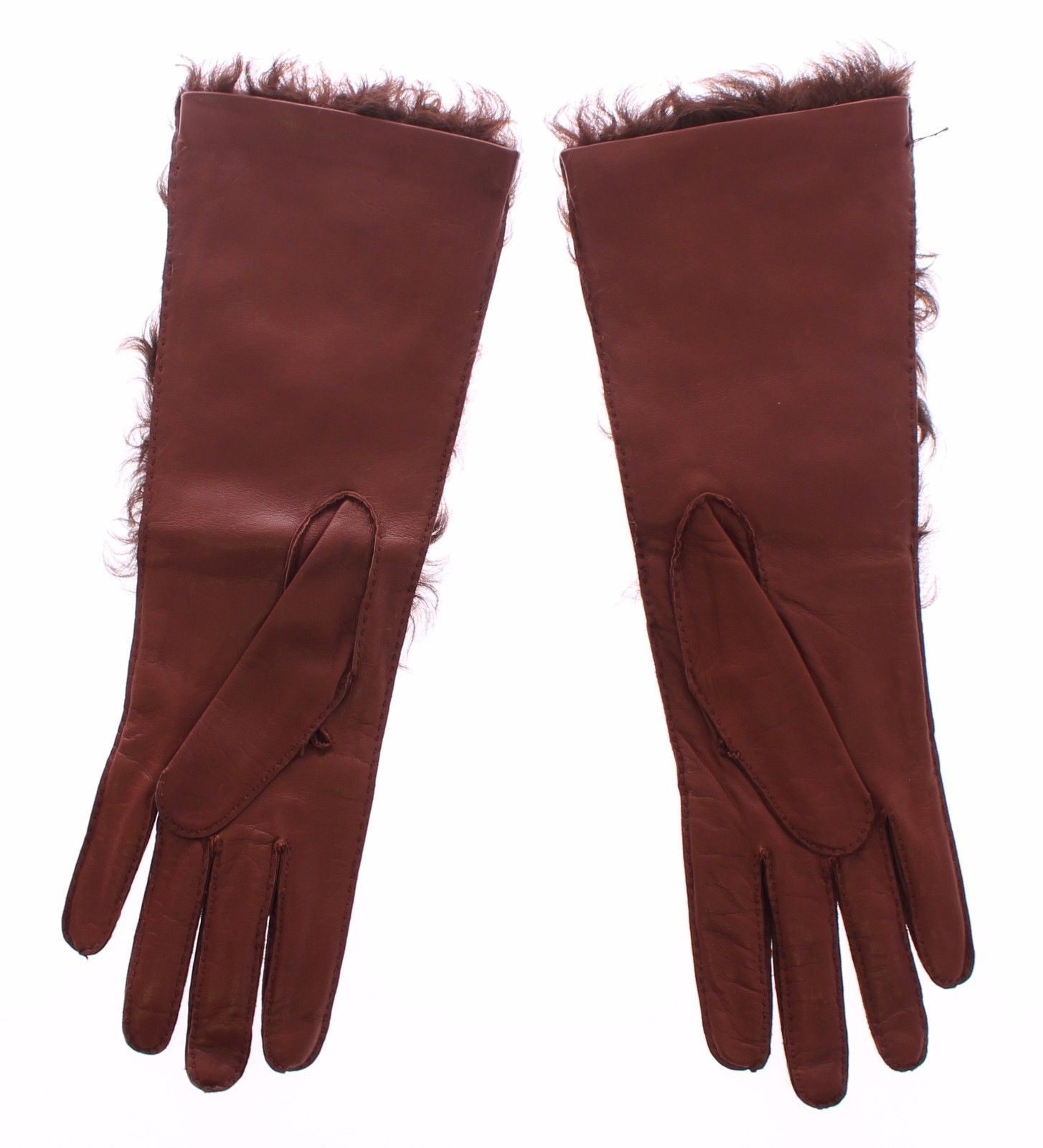 Brown Lambskin Fur Leather Wrist Gloves Silk