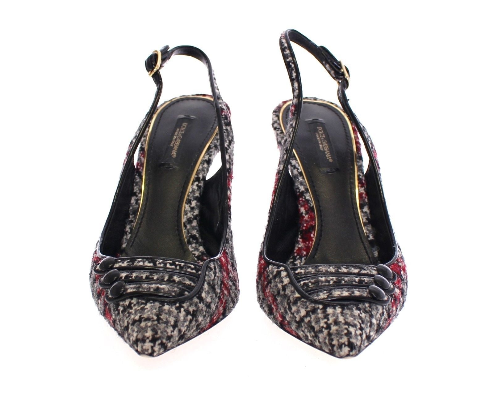 Gray Checkered Wool Leather Slingbacks Shoes