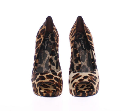 Brown Leather Pony Leopard Pumps Shoes