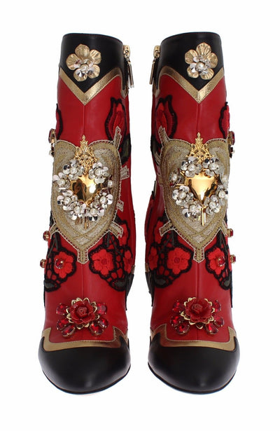 Roses Crystal Gold Heart Leather Boots Shoes