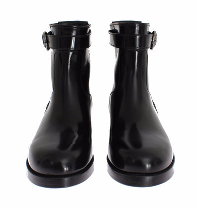 Black Leather Mid-Calf Flat Boots Shoes