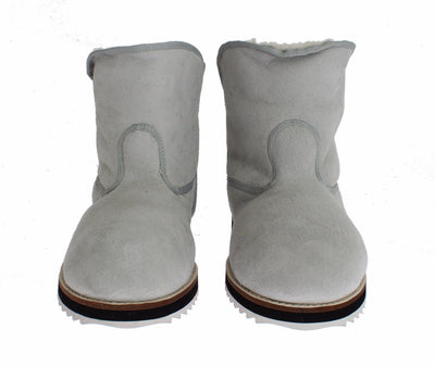 Blue Leather Merino Wool Flat Warm Boots Shoes