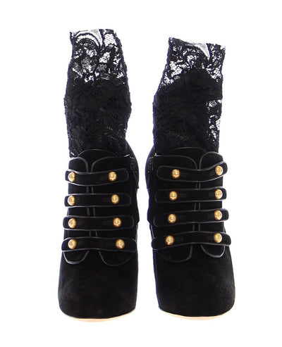 Black Suede Baroque Lace Platform Shoes
