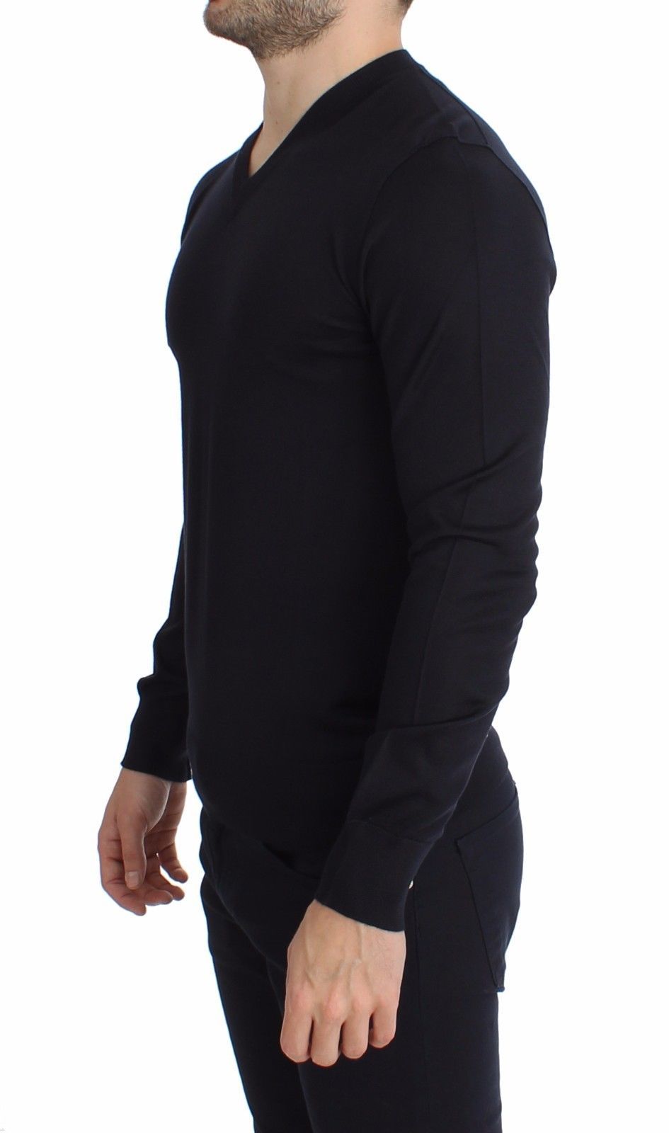 Blue Silk Cashmere V-neck Sweater Pullover