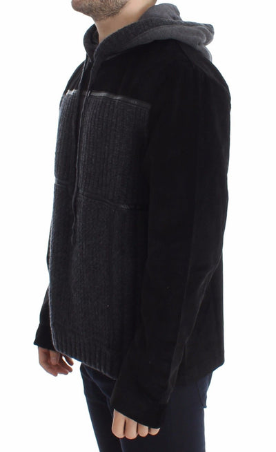 Black Gray Knitted Hooded Sweater Pullover