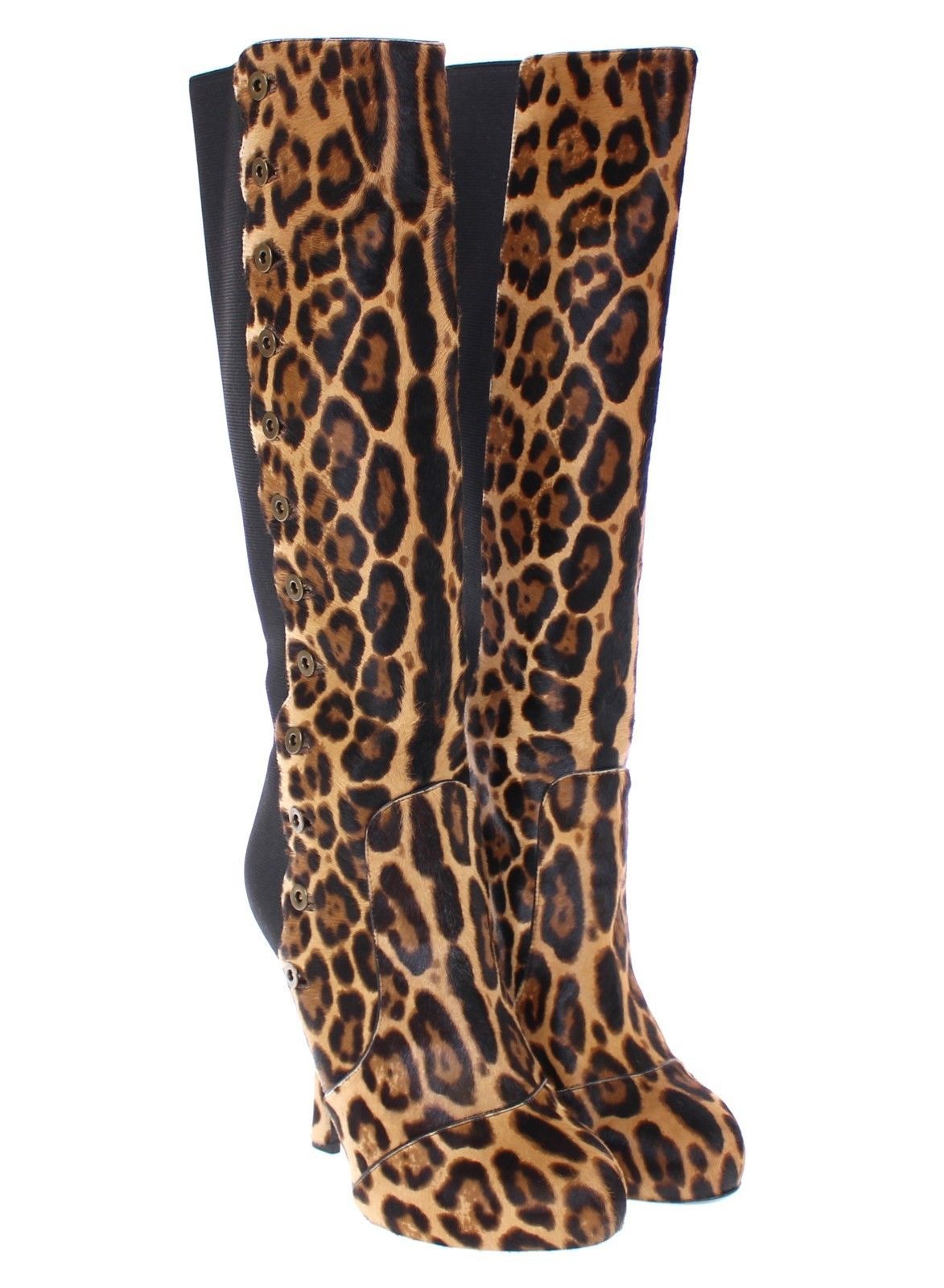 Brown Leopard Fur Leather Heel Logo Boots