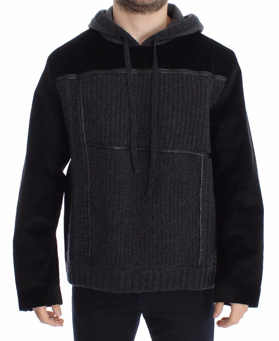 Black Gray Knitted Hooded Sweater Pullover