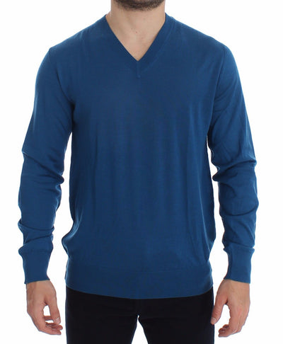 Blue Cashmere V-neck Sweater Pullover Top