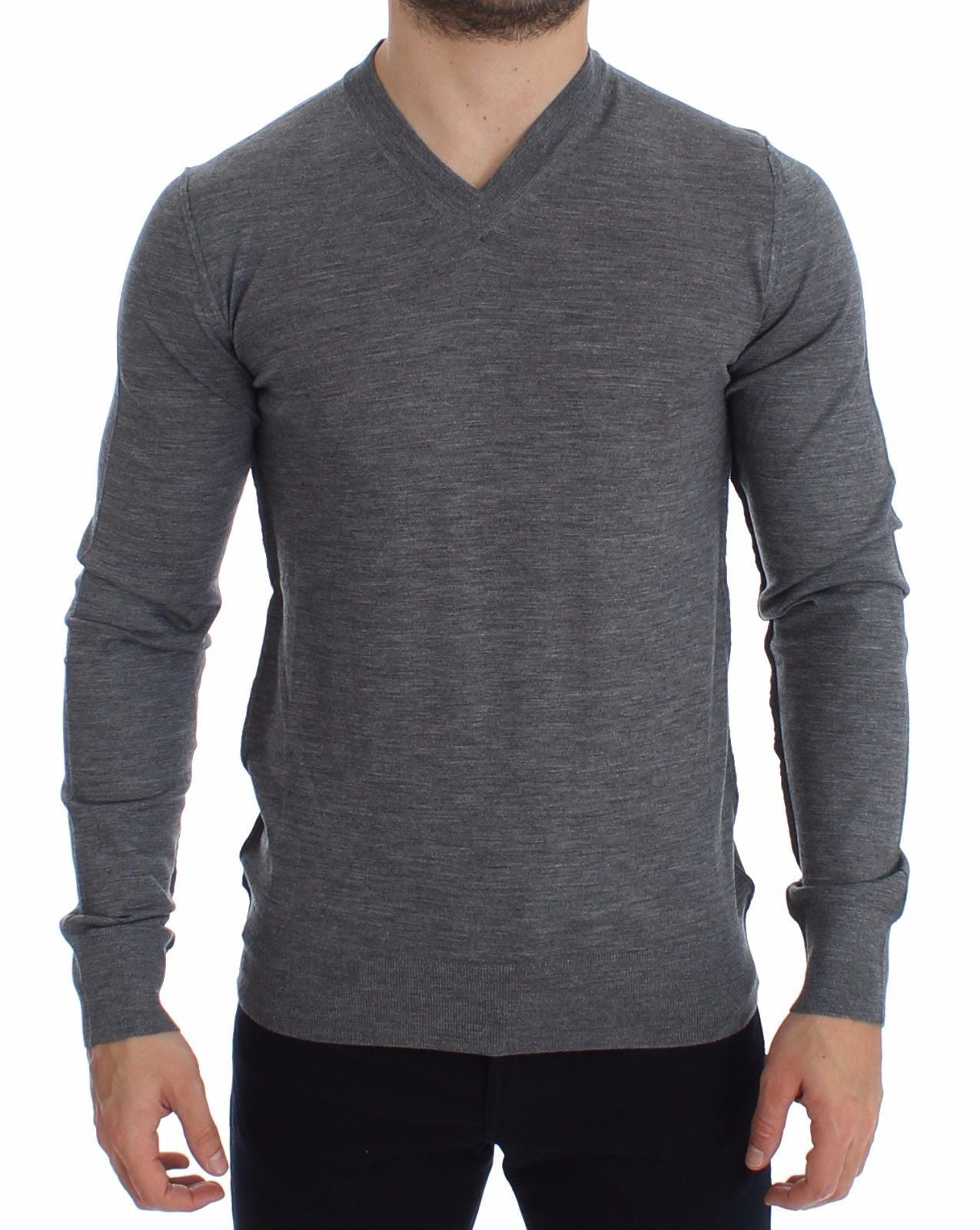 Mens Gray Wool V-neck Sweater Pullover Top