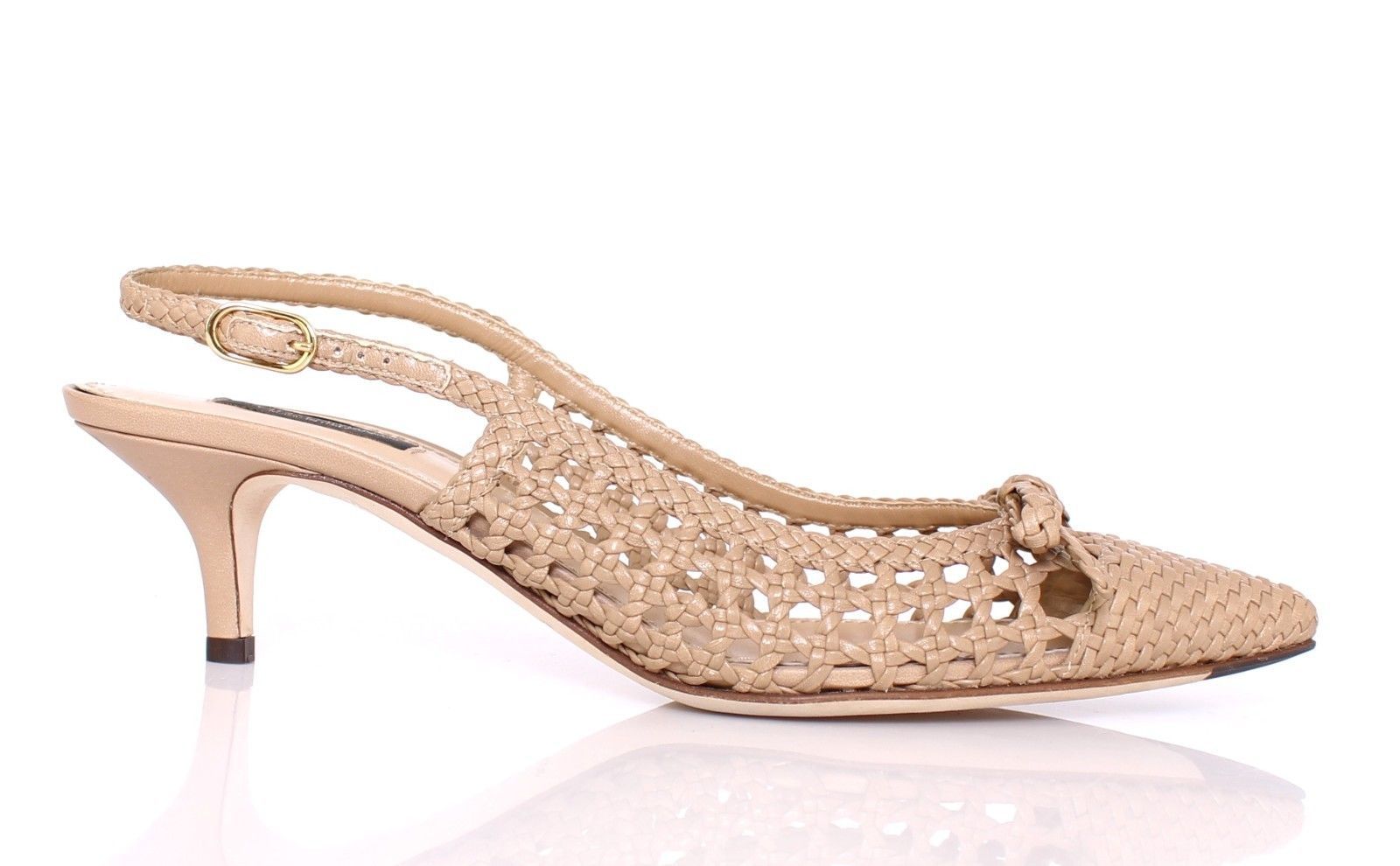 Beige Woven Leather Slingbacks Pumps Shoes