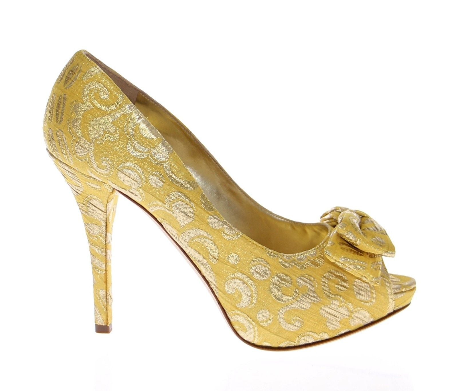Yellow Silk Brocade Bow Platform Pumps Shoes