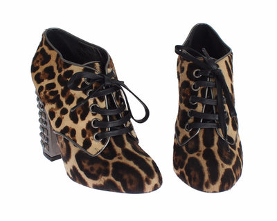 Brown Leopard Leather Skin Booties Shoes