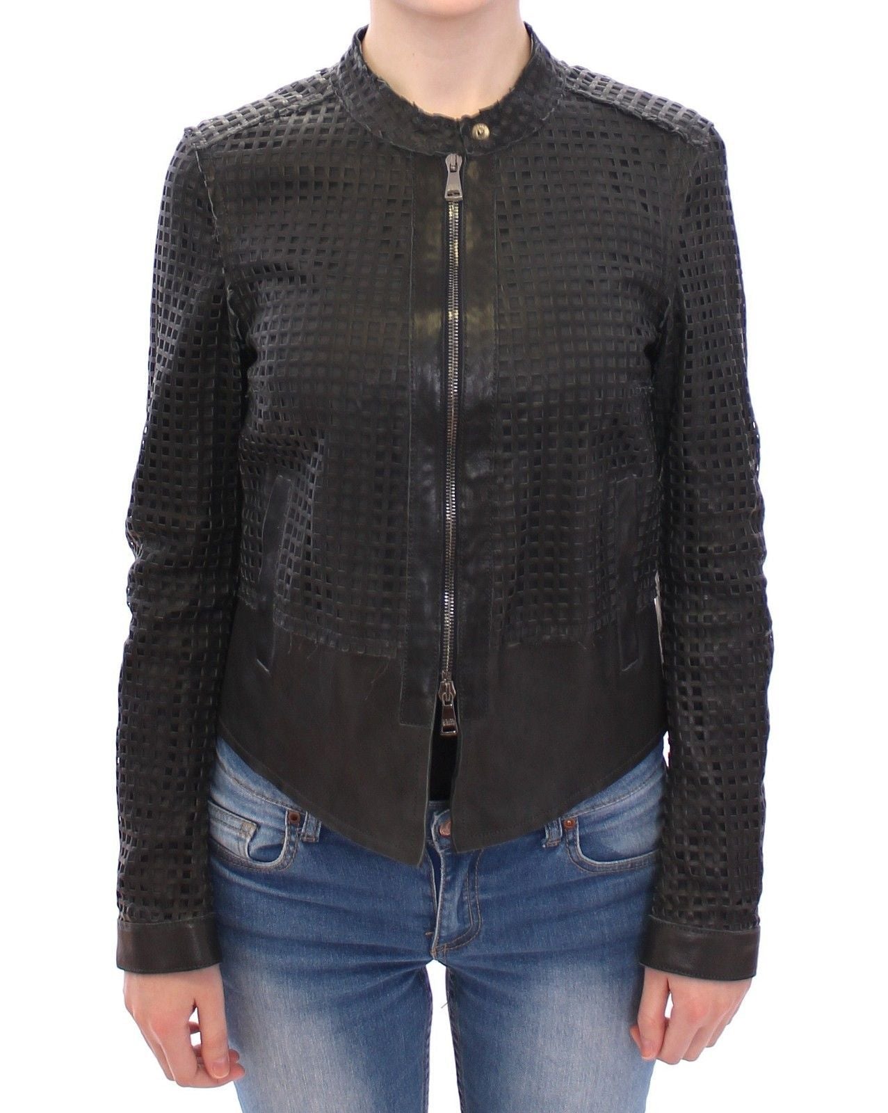 Black Perforated Leather Biker Jacket Coat