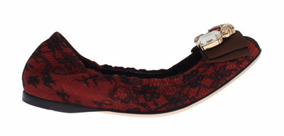 Red Taormina Lace Crystal Ballet Flat Shoes