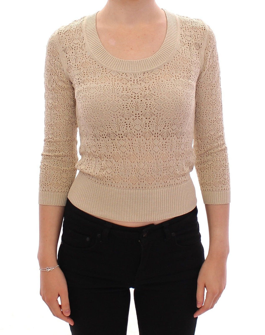Beige Knitted Deep Crewneck 3/4 Sleeve Sweater