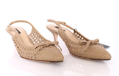 Beige Woven Leather Slingbacks Pumps Shoes