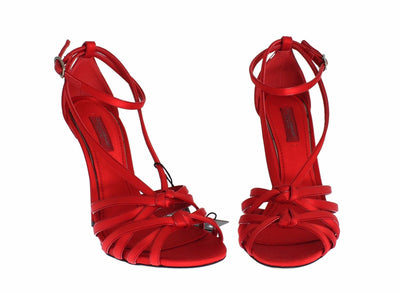 Red Silk Leather Strappy Sandals Shoes