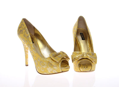 Yellow Silk Brocade Bow Platform Pumps Shoes