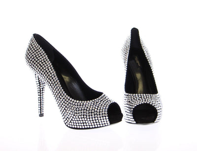 Black Leather Crystal Platform Shoes