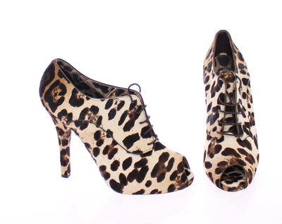 Brown Leather Fur Leopard Booties Shoes