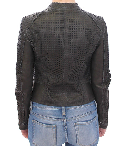 Black Perforated Leather Biker Jacket Coat